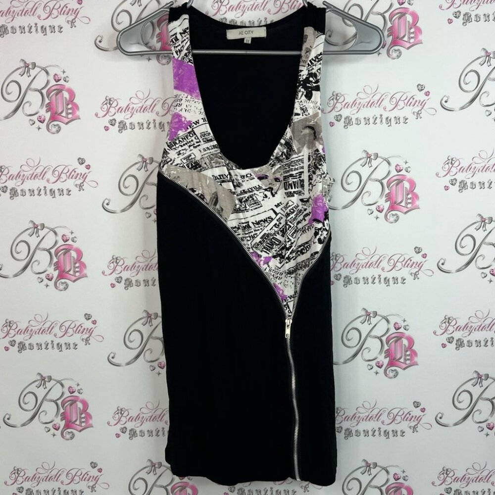 Ae city tank top newspaper print news Black and Purple Graphic Dress with Zipper